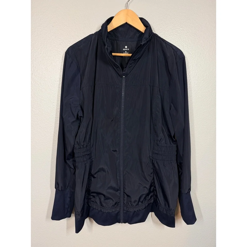 Apana Windbreaker Jacket Women XL Navy Blue Cinched Waist Travel Classic